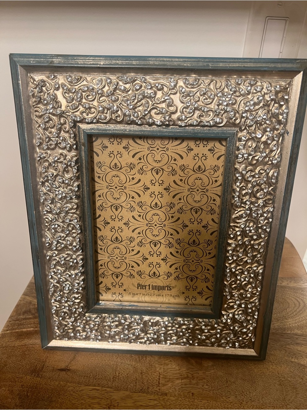 Pier 1 Silver and Teal Embossed Ornate with rhinestones Picture Frame